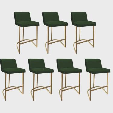 Imagem de Kit 07 Banquetas Com Encosto Noah Luxo Confort Bistrô Cozinha Ferro Dourado Suede Verde - Ahz Móveis