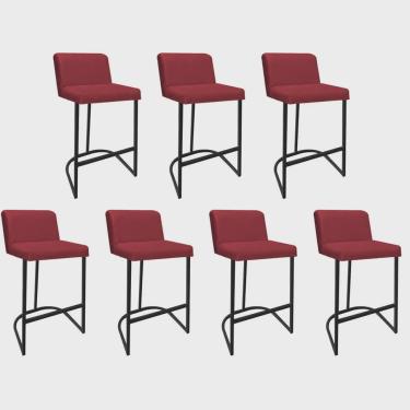 Imagem de Kit 07 Banquetas Com Encosto Noah Luxo Confort Bistrô Cozinha Ferro Preto Corino Vermelho - Ahz Móveis
