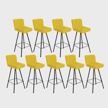 Imagem de Kit 09 Banqueta Alta Lexi Com Encosto Cozinha Bar Balcão Bistrô Ferro Preto Suede Amarelo - Ahz Móveis