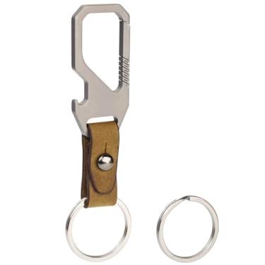 Imagem de Auerllcy Chaveiro de titânio com passador de cinto de couro legítimo, chaveiro destacável de carro com abridor de cerveja, porta-chaves EDC ultraleve de 12,8 g, inclui 2 chaveiros de aço inoxidável