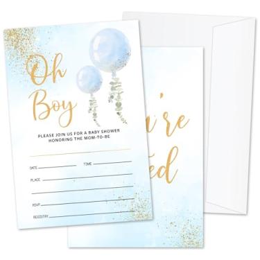 Imagem de ZSHFMY Oh Boy! Convites para chá de bebê, convites de festa de revelação de gênero de balão azul para meninos, 25 conjuntos de cartões de convite com envelopes, decorações de artigos de festa de