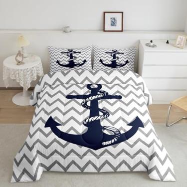 Imagem de Feelyou Conjunto de edredom com tema náutico de âncora, solteiro, para meninos e meninas, adolescentes, oceano, aventura no mar, conjunto de edredom branco e cinza