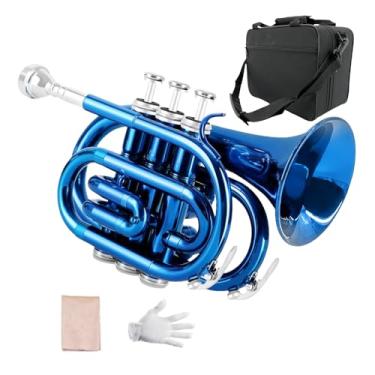 Imagem de Yinfente B Trompete de baixo de bolso plano para iniciantes, estudante com pano de limpeza, bocal 7C banhado a prata, estojo rígido luvas brancas (azul)