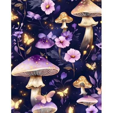 Imagem de ILHIIOR Papel de parede de cogumelo Boho Peel and Stick Papel de parede folha roxa vintage papel de parede floral roxo papel de parede removível autoadesivo para gavetas de armário decoração de parede