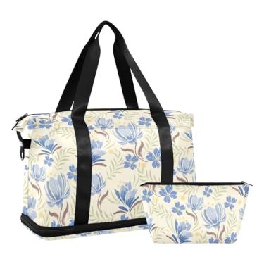 Imagem de Bolsa de viagem impermeável com estampa de flores de primavera com manga de carrinho, Azul floral, One Size