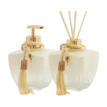 Imagem de Kit Vidros Banheiro Luxo Branco Porta Sabonete E Difusor (Dourado)