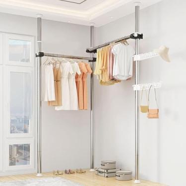 Imagem de Roupas telescópicas Rail de trajes pesados ​​roupas de vestuário rack de roupas de roupas Diy Roupas Roupas penduradas Rail com gancho suspenso Altura ajustável 110-310cm Largura ajustável 7