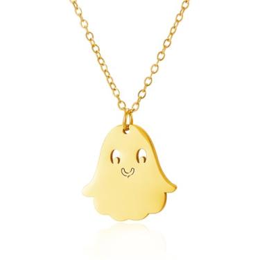Imagem de coadipress Colar com pingente de fantasma de Halloween para mulheres e homens, adorável, dourado, prata, minúsculo, colar com pingente de fantasma, Halloween, férias, cosplay, fantasia, bijuteria