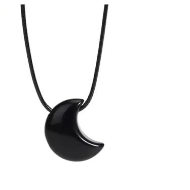 Imagem de Colar de 2,5 x 2 cm de lua crescente, colar de corda com pingente de pedra natural, 78cm, Pedra, Obsidiana