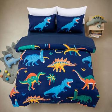 Imagem de A Nice Night Conjunto de cama para crianças, meninos, dinossauros, estampado em azul marinho, 5 peças, conjunto de edredom tamanho Queen, ultramacio com fronha (azul)