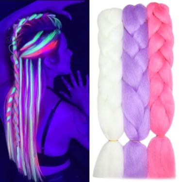 Imagem de gardx Extensões Coloridas Para Tranças, 24 Polegadas, 3 Peças, Jumbo, Multicoloridas, Cabelo Luminoso Que Brilha No Escuro (Branco/Roxo/Rosa Choque)