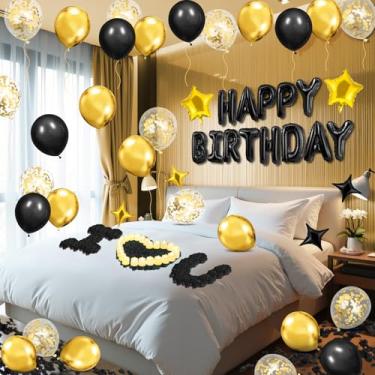 Imagem de Black Gold Happy Birthday Balloons Decorations Black and Gold Birthday Balloon Letters Banner with 6 Pcs Star Balloons Black Artificial Rose Petals 24 Flameless LED Candles for Room Hotel Party Decor