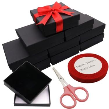 Imagem de Didamx 10 caixas de joias pretas de papelão pequenas caixas de presente com almofada, colar, brinco, pulseira, estojo de armazenamento de presente, caixa de embalagem de joias 8,5 x 8,5 x 3,5 cm