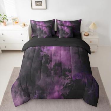 Imagem de Feelyou Jogo de cama king gótico abstrato com 7 peças, roxo, preto, damasco, para meninas e mulheres, arte abstrata, moderno, conjunto de edredom com lençóis de microfibra macia