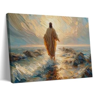 Imagem de Arte de parede em tela emoldurada de Jesus - pinturas de decoração de parede Jesus anda na água, imagem impressa de pôster cristão, decoração religiosa de Cristo para sala de estar, quarto, sala de