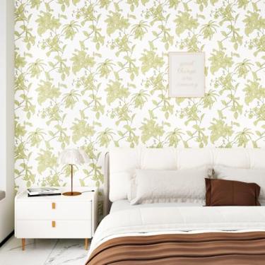 Imagem de Mangoloo Papel de parede floral vintage bege floral boho flor verde papel de parede 44,5 cm x 259,1 cm mural de parede floral removível para locatário papel de contato amigável para armários banheiro
