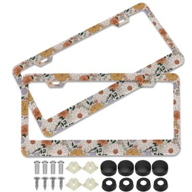 Imagem de 2 peças de moldura de placa de licença floral creme suportes de capa de placa de licença de liga de alumínio com tampa de parafuso e conjunto de chave de fenda - 2 furos