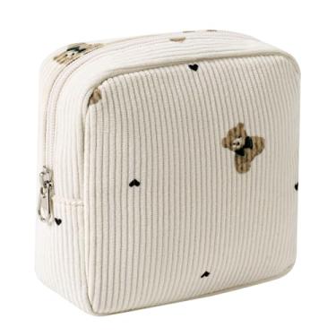 Imagem de Linda bolsa de maquiagem pequena de veludo cotelê com zíper, mini bolsa estética com estampa de urso para bolsa, bolsa de batom com bolso para chave, porta-cartões, organizador de cabos de dados para