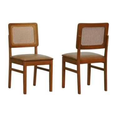 Imagem de Kit 2 Cadeiras Madeira Maciça Lyon Encosto Telinha Amêndoa - Amêndoa - Assento Estofado Corano Marrom Mescla