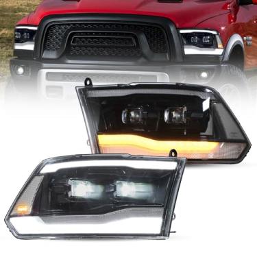 Imagem de VLAND Faróis de projetor compatíveis com Dodge RAM 1500 2009-2018 (halogênio e xenônio) e RAM 1500 Classic 2019-2021 lâmpada de fonte LED com animação dinâmica com sequencial, refletor transparente