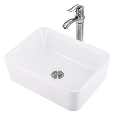 Imagem de Conjunto de pia e torneira retangular Vokim – 40,64 cm x 30,48 cm acima do balcão branco porcelana cerâmica vaso de banheiro pia lavadora vaso de lavagem, torneira de níquel escovado combinando pop-up de drenagem