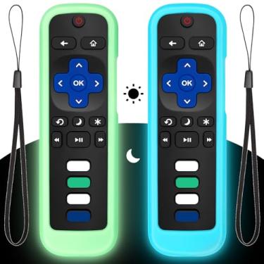 Imagem de (2 peças) Capa para controle remoto Roku, capa protetora de silicone que brilha no escuro para controle remoto Roku TV/Stick/Player (verde/azul)