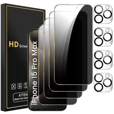 Imagem de Romkasi Pacote com 4 protetores de tela de privacidade para iPhone 15 Pro Max de 6,7 polegadas com 4 protetores de lente de câmera, película de vidro temperado antiespião, antiarranhões, sensível ao