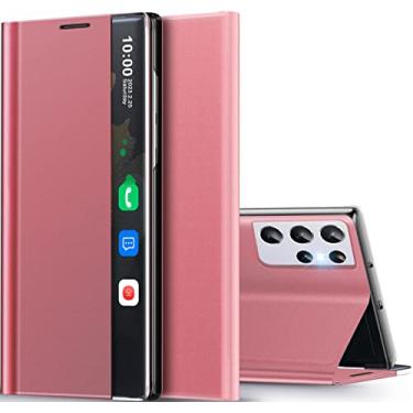 Imagem de Qissy Capa para Samsung Galaxy S21 Ultra 5G Clear View Slim S21 Ultra capa de telefone luxuosa espelho rígido PC Kickstand couro flip à prova de choque Galaxy S21 Ultra 5G capa (rosa)