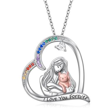 Imagem de JZMSJF Colar com pingente de coração de gato em prata esterlina S925, joias fofas, para amantes de gatos, presentes para mulheres e adolescentes