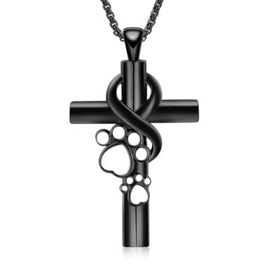 Imagem de Oinsi Colar de urna com cruz para cinzas, joia de cremação de pata de animal de estimação para cão/gato, pingente de urna memorial, lembrança de cinzas para homens e mulheres animais de estimação