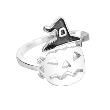 Imagem de OIDIMS Anel de empilhamento personalizado com chapéu de bruxa de abóbora para mulheres e homens, moderno, banhado a prata, punk, aberto, ajustável, envoltório, articulação, cauda média, anéis de dedo