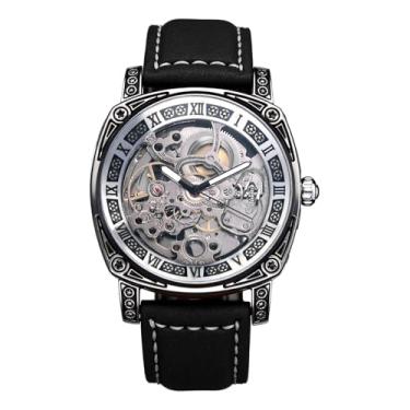 Imagem de OIDEA Relógios masculinos mecânicos com pulseira de couro: moda retrô grande mostrador numerais romanos relógios de pulso mecânicos automáticos relógio social de trabalho, Cor: -