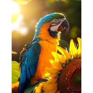 Imagem de YL Mainland Pintura de diamante de papagaio faça você mesmo, pintura de girassóis e papagaios por números para iniciantes, kits de arte de diamante redondo completo para decoração de quarto decoração