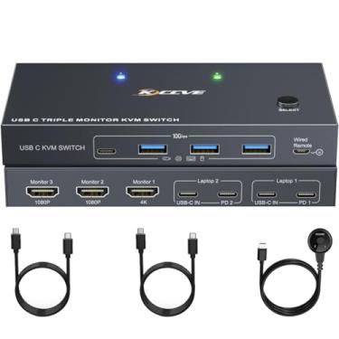 Imagem de USB C KVM Switch 3 Monitores 2 Laptops 4K 1080P@60Hz,USB-C Triple Monitor KVM Switches com 4 Portas USB 3.2, 10Gbps, Carregamento PD de 80W, para Windows e Mac OS, a Instalação do Driver é Necessária