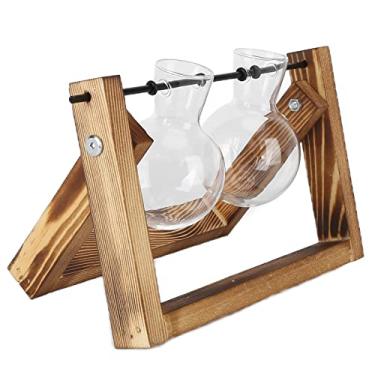 Imagem de Mingzhe Plant Terrarium Glass Vase Solter para Decoração de Escritório Em Casa Design Vintage Plantador de Mesa de Madeira para Desktop (Rack retro + garrafa dupla)