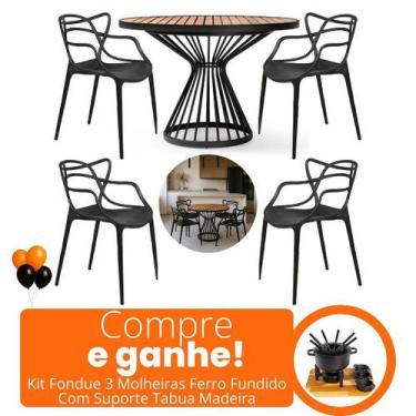 Imagem de Mesa Cozinha Alumínio Tampo Madeira 1,00m 4 Cadeiras Alegra Polipropil