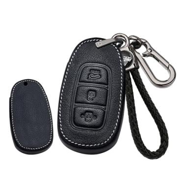 Imagem de HIBEYO Capa de chaveiro de couro adequada para Hyundai Elantra Palisade Kona Azera Santa Grandeur IG Acessórios de carro 3 botões Smart Remote Auto Key com chaveiro-B chaveiro preto