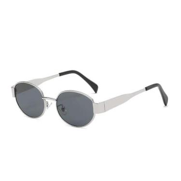 Imagem de Óculos de sol retrô oval feminino masculino redondo punk armação de metal dourado óculos de sol para dirigir lentes transparentes UV400, cinza prateado, BH01