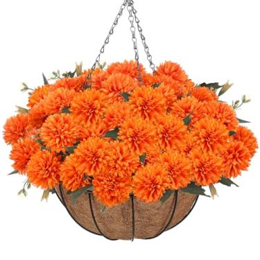 Imagem de Canlierr 36 cabeças flores artificiais para mães penduradas com cesta para decoração de outono ao ar livre, flor laranja de seda sintética, crisântemo, plantas realistas resistentes a UV para varanda