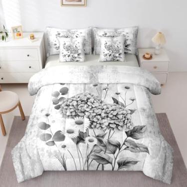 Imagem de Erosebridal Conjunto de cama casal com estampa de hortênsia em aquarela floral, 7 peças, pintura a óleo, abstrata, casa de fazenda, rústico, conjunto de edredom com lençol de baixo e flores brancas