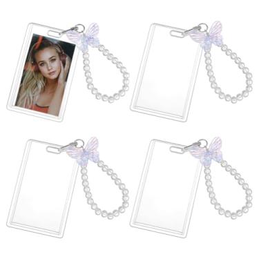 Imagem de FINGERINSPIRE 4 conjuntos de porta-cartões de foto de acrílico transparente com chaveiro, 10 x 6 cm, pingente de borboleta de acrílico, porta-crachás, cartão de identificação, capa protetora para