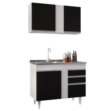 Imagem de Armário Aéreo Indiana E Balcão Gabinete 100cm Com Pia Inox Luziania Branco-preto - Lumil