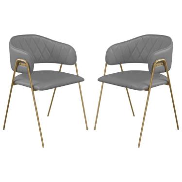 Imagem de Conjunto 2 Cadeiras Veneza Couro Cinza Metal Dourado