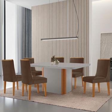 Imagem de Mesa De Jantar Isadora 180cm Tampo Mdf Vidro Com 6 Cadeiras Veludo Marrom Naturale Serigrafia Off White