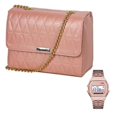 Imagem de Bolsa Transversal Feminina Metalassê Alça com Corrente Rosa + Relógio 