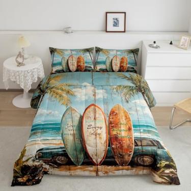 Imagem de jejeloiu Conjunto de edredom retrô para crianças, praia, palmeira, para meninos, meninas, adolescentes, surfe, respirável, carro costeiro, decoração de quarto, 1 edredom com 2 fronhas