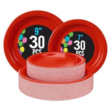 Imagem de Yuxitia Pratos de papel descartáveis, conjunto de 60 unidades, inclui kit de papelão resistente de 76 a 23 cm e 76 a 17 cm de sobremesa para festas, aniversário, casamento (vermelho)