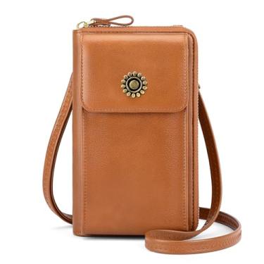 Imagem de RONSIN Carteira pequena transversal feminina com bloqueio de RFID, bolsa de celular de couro vegano, bolsa de viagem marrom