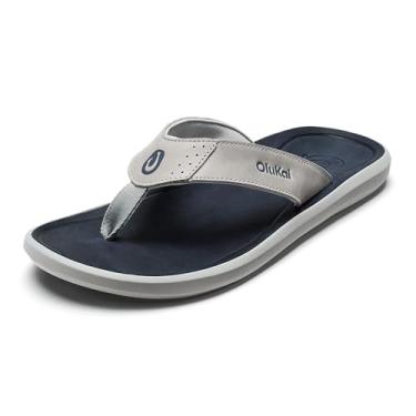 Imagem de OLUKAI Sandálias de couro masculinas Pili, design elegante e versátil, alças confortáveis e impermeáveis, suporte de arco e uso diário, Cinza/humor índigo, 45