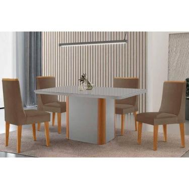 Imagem de Conjunto Sala de Jantar Pietá c/ Tampo Madeirado c/ Vidro Canto Curvo 120x80cm e 4 Cadeiras Dakota Madeira Maciça Naturale/Off White - Suede Capuccino